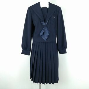 1円 セーラー服 スカート スカーフ 上下3点セット カンコー 冬物 青2本線 女子 学生服 兵庫高砂南高校 紺 制服 中古 ランクC EY2477