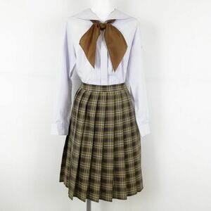 1円 セーラー服 チェックスカート スカーフ 上下3点セット 160A 富士ヨット 中間服 神奈川東海大学付属相模高校 白 中古 ランクB EY2428