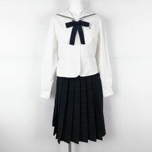 1円 セーラー服 チェックスカート リボン 上下3点セット カンコー 中間服 青2本線 女子 学生服 佐賀唐津東中学 白 中古 ランクC EY2043_画像1