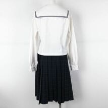 1円 セーラー服 チェックスカート リボン 上下3点セット カンコー 中間服 青2本線 女子 学生服 佐賀唐津東中学 白 中古 ランクC EY2043_画像2