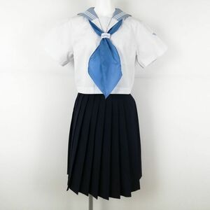 1円 セーラー服 スカート スカーフ 上下3点セット 夏物 白3本線 女子 学生服 大分上野丘高校 白 制服 中古 ランクC EY2516