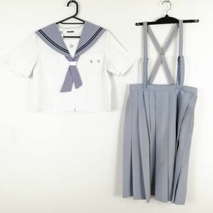 1円 セーラー服 スカート ネクタイ 上下3点セット 夏物 青2本線 女子 学生服 長崎桜が原中学 白 制服 中古 ランクC EY2894