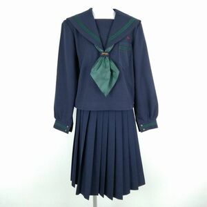 1円 セーラー服 スカート スカーフ 上下3点セット 大きいサイズ 冬物 緑3本線 女子 学生服 宮崎本郷中学 紺 制服 中古 ランクC EY2804