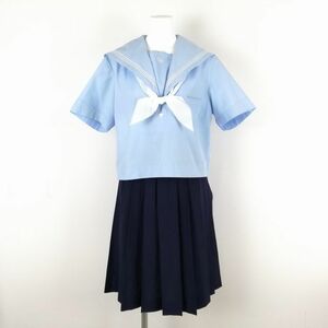 1円 セーラー服 スカート スカーフ 上下3点セット 大きいサイズ 夏物 白3本線 女子 学生服 中学 高校 水色 制服 中古 ランクC EY2944