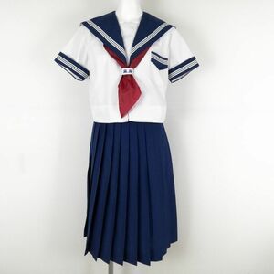 1円 セーラー服 スカート スカーフ 上下3点セット 夏物 白3本線 女子 学生服 大阪成蹊女子高校 白 制服 中古 ランクC EY3351