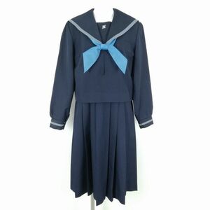 1円 セーラー服 ジャンパースカート スカーフ 上下3点セット 冬物 グレー1本線 女子 学生服 佐賀鍋島中学 紺 制服 中古 ランクC EY3765