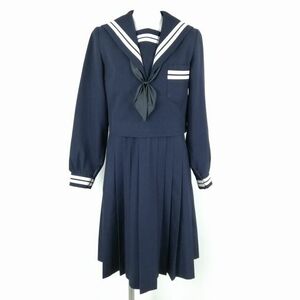 1円 セーラー服 ジャンパースカート リボン 上下3点セット 富士ヨット 冬物 白2本線 女子 学生服 熊本西山中学 紺 中古 ランクC EY3791