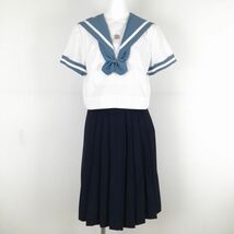 1円 セーラー服 スカート リボン 上下3点セット 夏物 白1本線 女子 学生服 熊本玉陵中学 白 制服 中古 ランクC EY3796_画像1