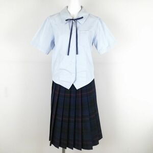 1円 ブラウス チェックスカート 紐タイ 上下3点セット 夏物 女子 学生服 中学 高校 水色 制服 中古 ランクC EY3821