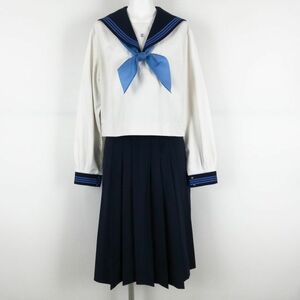 1円 セーラー服 スカート スカーフ 上下3点セット 大きいサイズ 中間服 水色3本線 女子 学生服 熊本東稜高校 白 制服 中古 ランクC EY3878