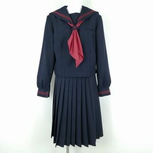 1円 セーラー服 スカート スカーフ 上下3点セット 175A 大きいサイズ トンボ 冬物 赤3本線 女子 神奈川金旭中学 紺 中古 ランクC EY4000