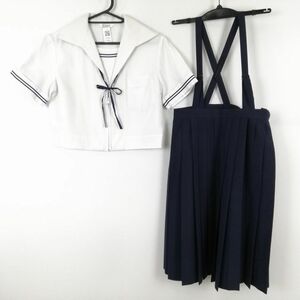 1円 セーラー服 スカート 紐タイ 上下3点セット 夏物 女子 学生服 熊本清水中学 白 制服 中古 ランクC EY3926