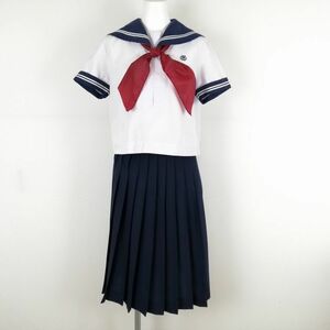 1円 セーラー服 スカート スカーフ 上下3点セット M 夏物 白2本線 女子 学生服 佐賀大和中学 白 制服 中古 ランクC EY3894