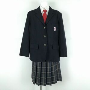 1円 ブレザー チェックスカート ネクタイ 上下4点セット LL 大きいサイズ 冬物 女子 学生服 大阪桃山学院高校 紺 制服 中古 ランクC EY4397