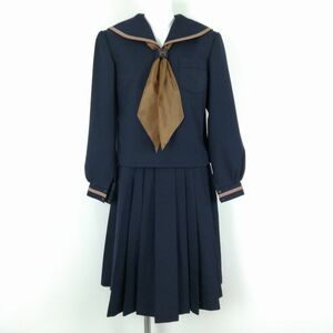 1円 セーラー服 スカート スカーフ 上下3点セット 155A 冬物 茶1本線 女子 学生服 石川布水中学 紺 制服 中古 ランクC EY4301