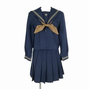 1円 セーラー服 ミニスカート スカーフ 上下3点セット 指定 富士ヨット 冬物 茶2本線 女子 千葉鎌ヶ谷西高校 紺 中古 ランクC EY4456