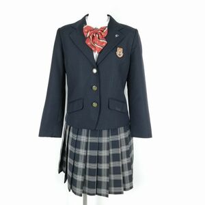 1円 ブレザー チェックスカート リボン 上下4点セット M 大きいサイズ 冬物 女子 学生服 兵庫尼崎市立尼崎高校 紺 中古 ランクC EY4373