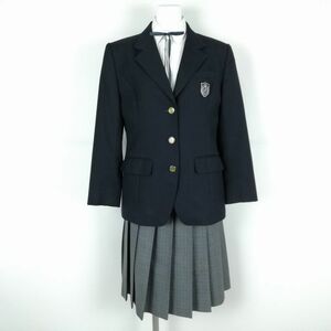 1円 ブレザー チェックスカート 紐タイ 上下3点セット 160A トンボ 冬物 女子 学生服 大阪鳳中学 紺 制服 中古 ランクC EY4415