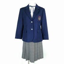 1円 ブレザー チェックスカート 紐タイ 上下4点セット トンボ 冬物 女子 学生服 宮城高森中学 紺 制服 中古 ランクC EY4458_画像1