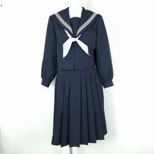 1円 セーラー服 スカート スカーフ 上下3点セット トンボ 冬物 白3本線 女子 学生服 中学 高校 紺 制服 中古 ランクC EY4551