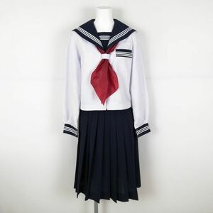 1円 セーラー服 スカート スカーフ 上下3点セット 富士ヨット 中間服 白3本線 女子 学生服 島根安来第一中学 白 制服 中古 ランクC EY4844