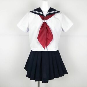 1円 セーラー服 マイクロミニスカート スカーフ 上下3点セット 夏物 白2本線 女子 学生服 高知佐川中学 白 制服 中古 ランクC EY4878