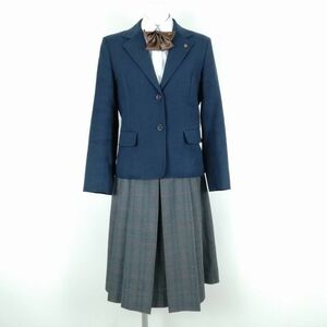 1円 ブレザー チェックスカート リボン 上下4点セット 冬物 女子 学生服 愛知小坂井高校 紺 制服 中古 ランクC EY5146