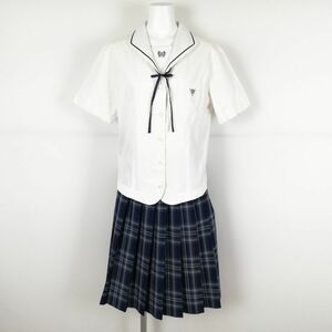 1円 セーラー服 チェックスカート 上下3点セット LL 大きいサイズ オリーブ 夏物 青1本線 兵庫日ノ本学園高校 白 中古 ランクC EY5179