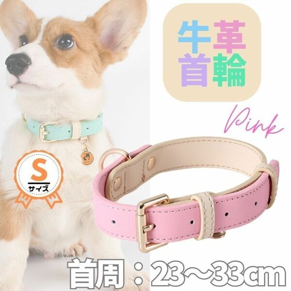 革☆首輪☆単品★ピンク★Sサイズ★パステル・バイカラー★牛革☆小型犬