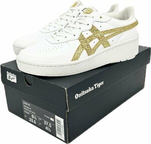 美品 Onitsuka Tiger オニツカタイガー 「GSM W」 ラメライン レザー ローカット スニーカー 1182A538-101 23.5cm 白×ゴールド 箱付 emmi