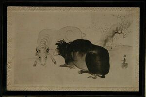 Art hand Auction 14883 Postal de antes de la guerra Tarjeta de Año Nuevo Dos vacas y flores de ciruelo Gyokusho Kawabata Gyokusho Inscripción del autor, antiguo, recopilación, bienes varios, tarjeta postal
