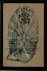 14893 戦前 絵葉書 年賀状 1923 初日の出 カモメ 帆船と碇 書き込みあり 斜めの白い線は光です