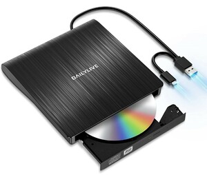 DAILYLIVE ブラック 外付けDVD/CDドライブ DVDレコ DVD-Rプレイヤー USB3.0&Type-C両用 内蔵ケーブル Window/Linux/Mac OS対応 