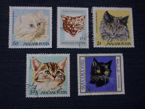外国切手　猫・５種消印　ハンガリー４種、アジュマーン１種