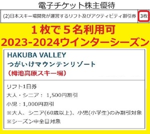 利用設定に必要な情報通知のみのため送料無料 1枚で5名可のつがいけ(白馬栂池高原)スキー場リフト券割引券が3枚含まれる電子チケット