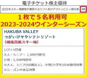  利用設定に必要な情報通知のみのため送料無料 1枚で5名可のつがいけ(白馬栂池高原)スキー場リフト券割引券が3枚含まれる電子チケット③