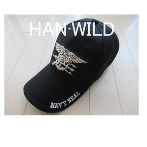 ★HAN・WILD☆NAVY SEAL★つば 帽子 キャップ★黒 ブラック HAN WILD HANWILDメンズ男性MEN'S【中古】