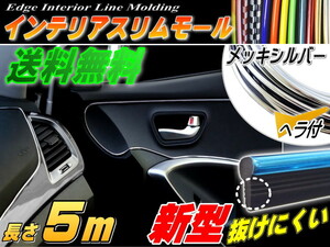 ★スリムモール(銀)5m リブ付きマルチ インテリア カラー モール ポイント隙間ライン500cmパネル内装デザイン エッジ装飾シルバー メッキ 0