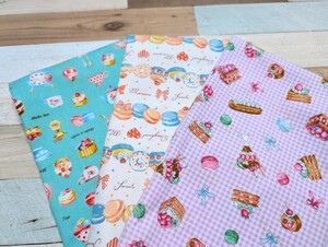 ■O様専用■＊40×60cm＊ハンドメイド＊ランチョンマット3枚セット＊ティーカップ・マカロン・スイーツ柄＋ユニコーンハンカチ5枚セット