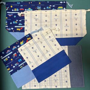 ランチ袋 5点セット 入学 入園 ブルー マリン 働く車柄 ランチ袋 コップ入れ 巾着 ランチマット