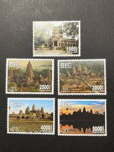 外国切手（未使用）カンボジア 2021年発行 クメール文化／アンコール・ワット 単片5種完 - 遺跡 寺院 世界遺産 建造物