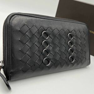 1円 ●美品/希少デザイン●ボッテガヴェネタ BOTTEGA VENETA ジップアラウンド 長財布 リング イントレチャート ファスナー 革 メンズ 黒