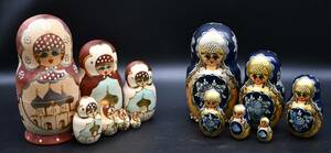AY2-90　2点まとめ マトリョーシカ 7ピース　6ピース　作家物 焼き色 神殿 木製 人形　 ロシア 伝統工芸　現状品