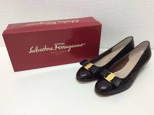 S755　Ferragamo フェラガモ 靴 ヴァラクロコ型押し パンプス ビジネス シューズ ブラウン系 女性用 レディース サイズ7 1/2 ブランド