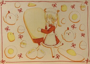 手描きイラスト　マヨネーズ　ヒヨコ　ニワトリ　メイド　女の子　A4