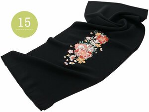 ■日本製 正絹■振袖用 帯揚げ 丹後ちりめん 刺繍入り さくら 桜 ah-196 (15ブラック) 【成人式 結婚式】