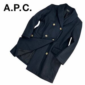 極美品 A.P.C. アーペーセー ミドル丈ダブルプレストコート サイズS(レディース) 濃紺ネイビー メルトン 美シルエット 保管シワ有 A2200