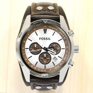 電池交換済◆フォッシル【FOSSIL】クロノグラフ デイト 3針 白文字盤 革ベルト 木目調 44mm メンズ 腕時計 CH-2565 2401-K0168①V(NT)