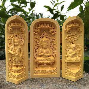 Art hand Auction [Tsuge Wood Carving Buddha Statue] ◆Shingon Sect Triad Statue Opening/Closing Ceremony◆ Natural/Natural Wooden/Three Opening Buddha/Handmade/Designed Sculpture/Interior/Present/Good luck Feng Shui amulet, sculpture, object, oriental sculpture, Buddha statue