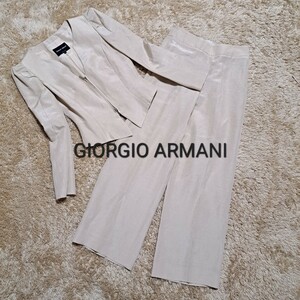 GIORGIO ARMANI ジョルジオアルマーニ セットアップ ノーカラー 薄手 パンツスーツ フォーマル リネンシルク ビジネススーツ ベージュ系